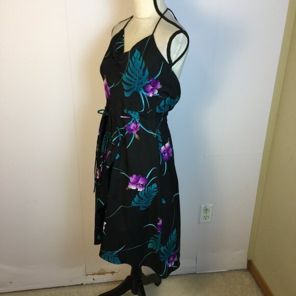 Vintage Fumi's Originals Hawaiian Dress S/XS Womans Black Floral Halter Belted - Picture 2 of 13